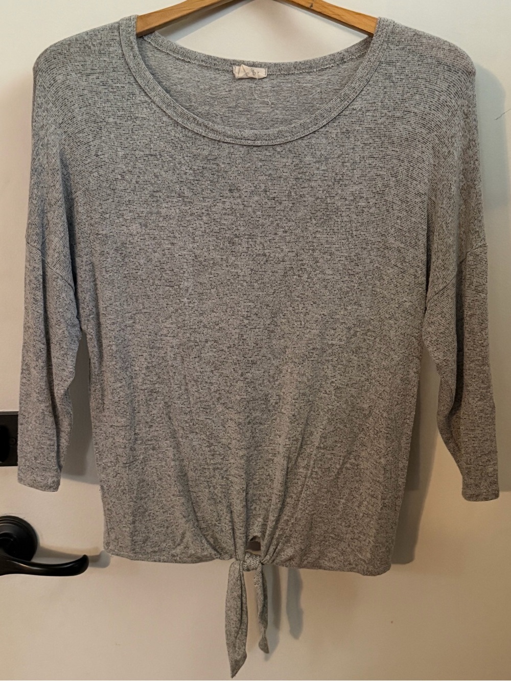 Scoop Neck 3/4 Sleeve Grey Tie-Front Women’s Top - stretchy but fitted